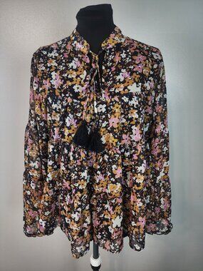 Grace + Karma Peasant Top Small Floral Tassel Ties Balloon Sleeves Boho Cottage